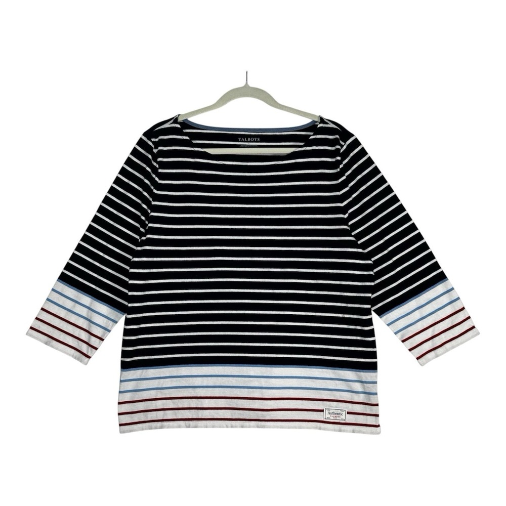 Talbots Authentic Top Womens XL Black White Breton Stripe Knit Coastal Grandma